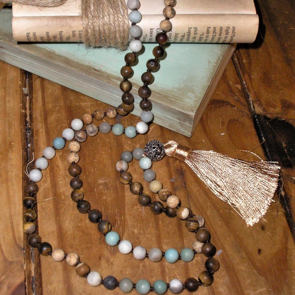 Blue & Brown Long Beaded Yoga Pendant Necklace